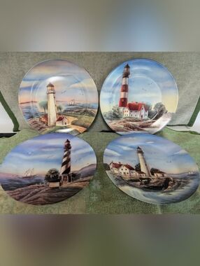 Set of 4 Decorative Lighthouse Plates in Blue and Cream